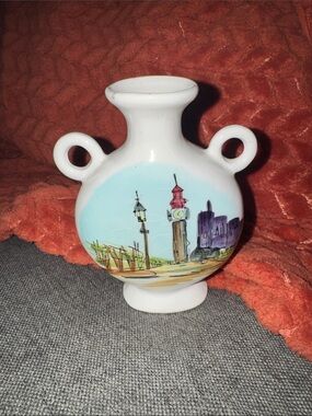 Vintage Victoria Ceramics Japan Mini Double-Handled Vase Hand-Painted London Sce